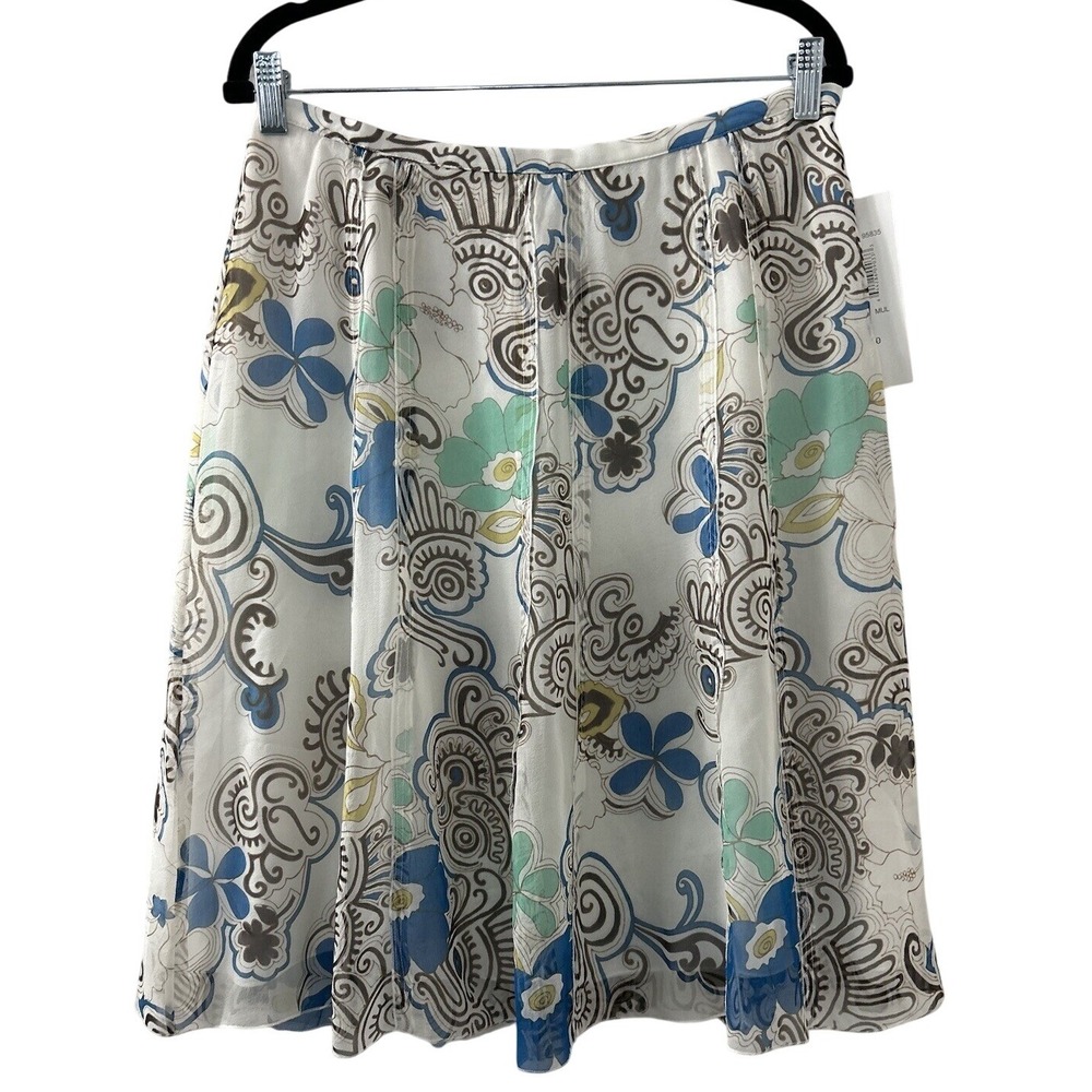 Allison Taylor Silk Floral Skirt 10 White Blue Paisley Boho Cottagecore Shabby